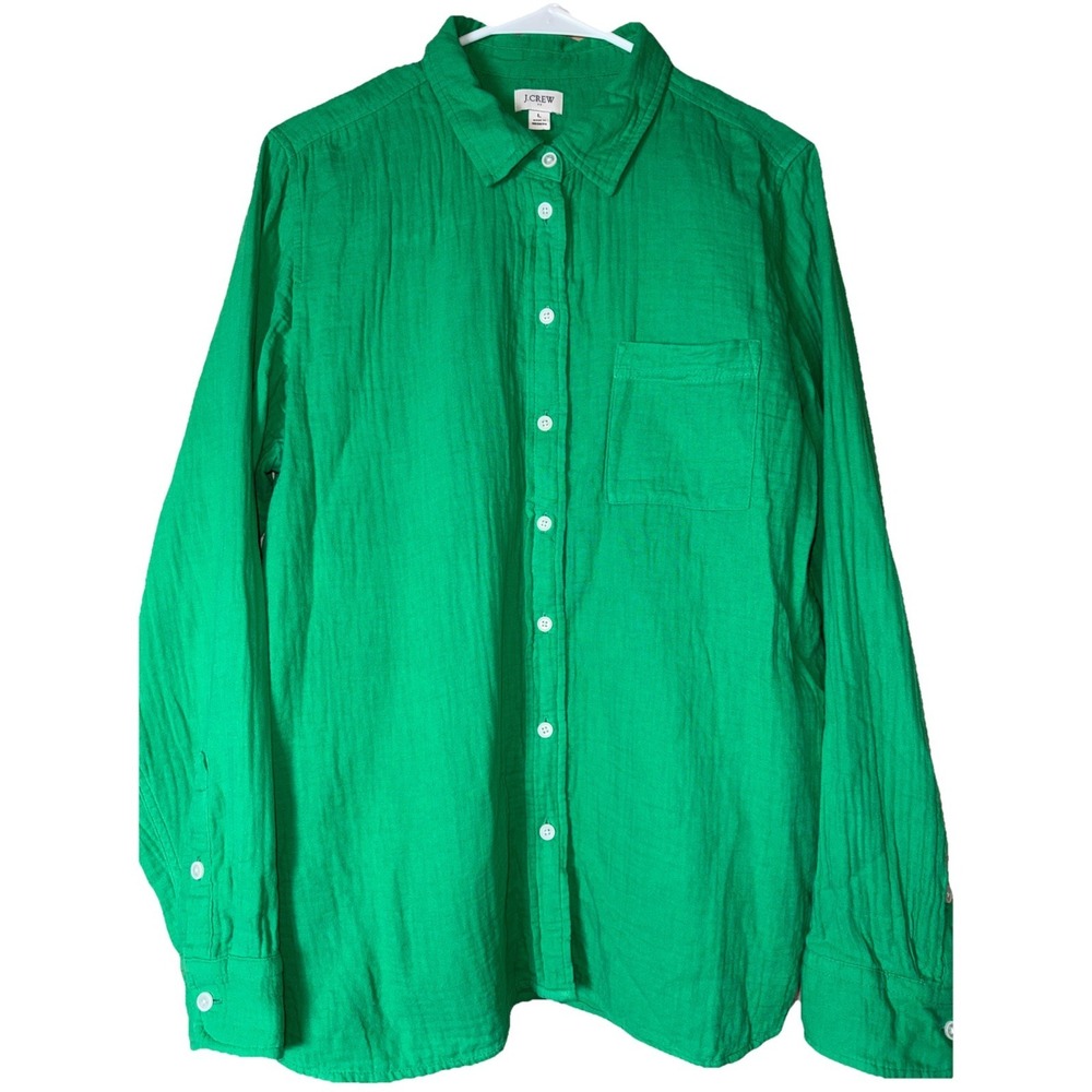 J.Crew Womens Large Kelly Green‎ Double Gauze Button Up Shirt 100% Cotton Beachy